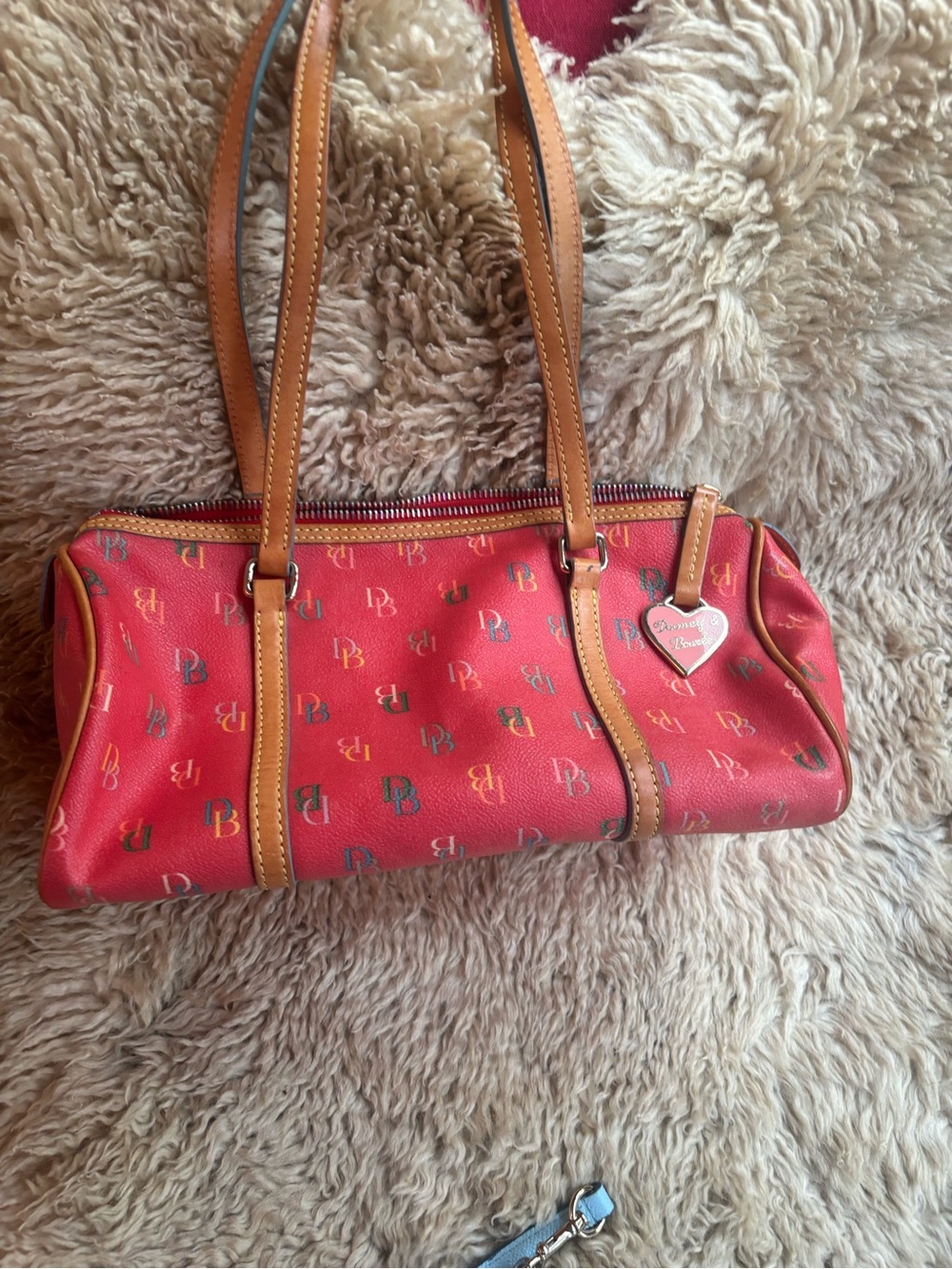 Dooney & Bourke Coral Red Logo dome Shoulder Bag with Tan leather Trim